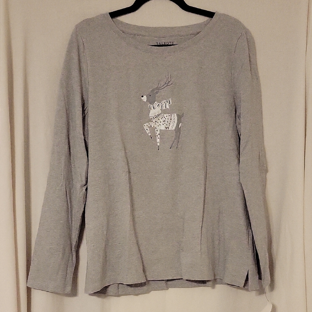 Talbots Crewneck Long Sleeve Gray Long Sleeve Top With Reindeer Design